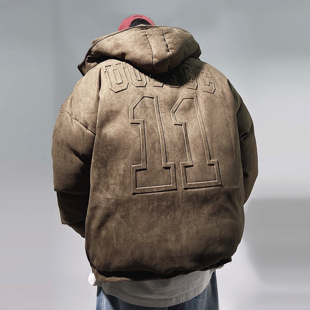 Streetwear Faux Suede Hooded Brown Puffer Jacket