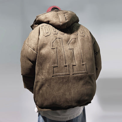 Streetwear Faux Suede Hooded Brown Puffer Jacket