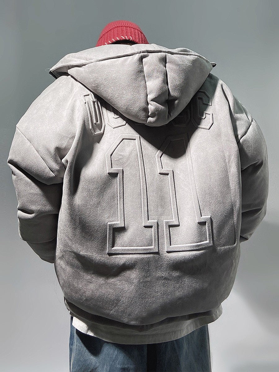 Streetwear Faux Suede Hooded Grey Puffer Jacket