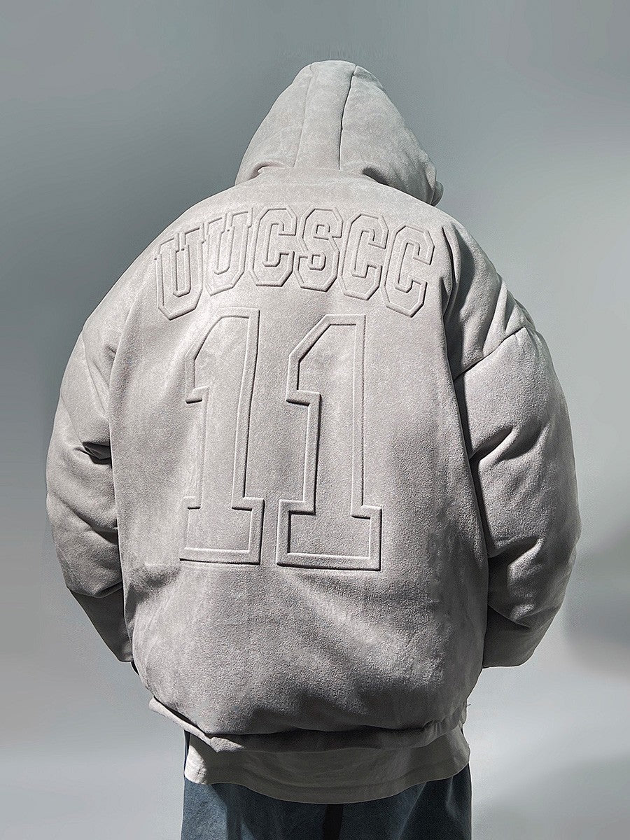 Streetwear Faux Suede Hooded Grey Puffer Jacket