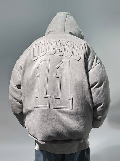 Streetwear Faux Suede Hooded Grey Puffer Jacket