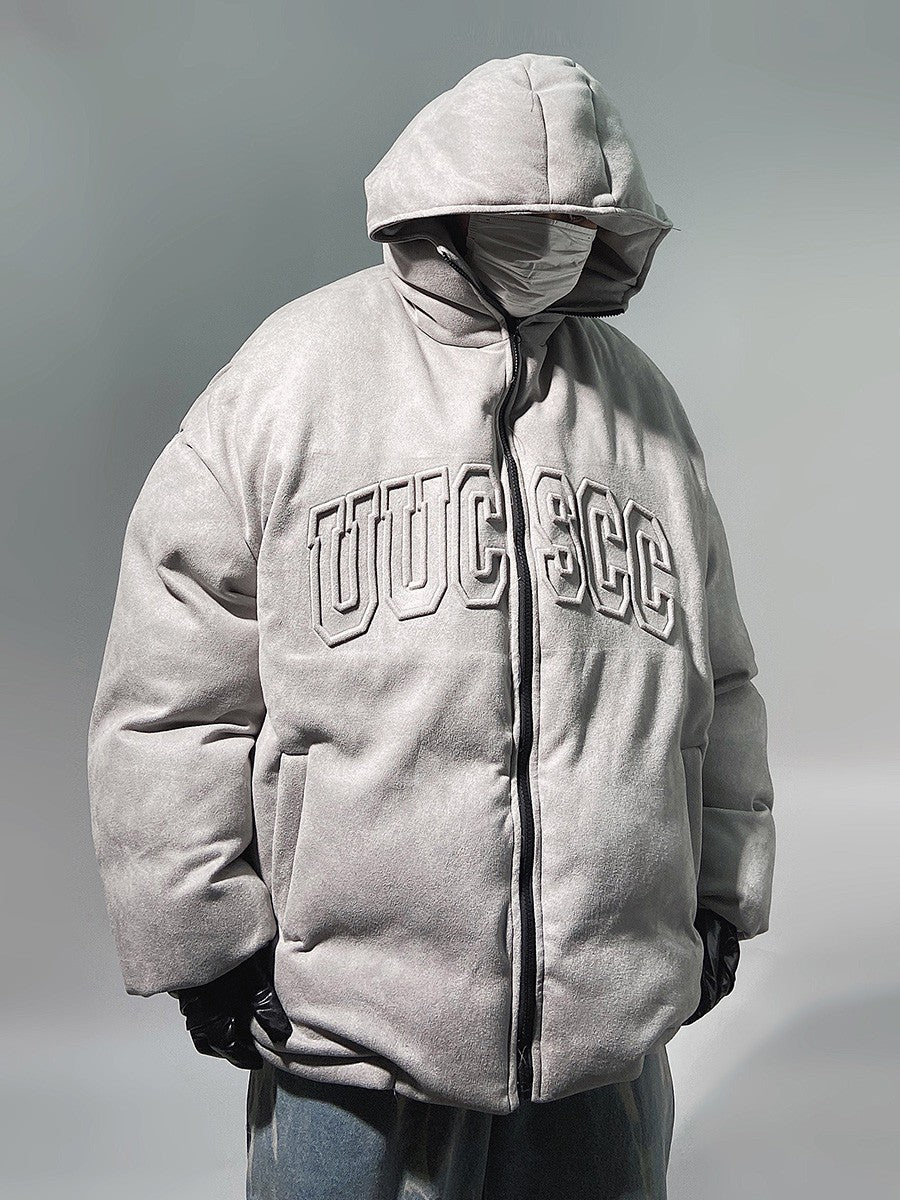 Streetwear Faux Suede Hooded Grey Puffer Jacket