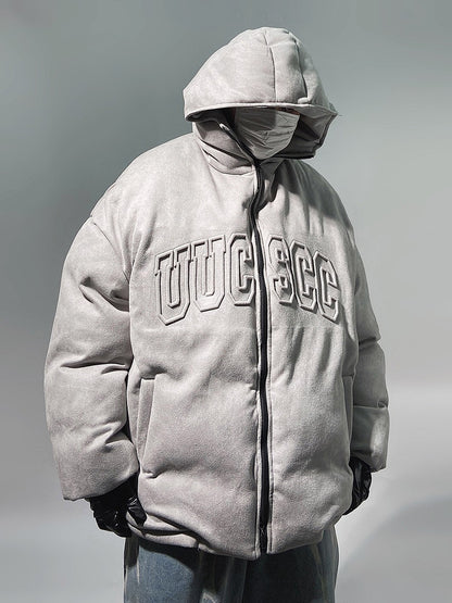 Streetwear Faux Suede Hooded Grey Puffer Jacket