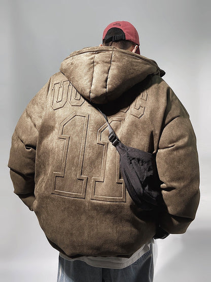 Streetwear Faux Suede Hooded Brown Puffer Jacket
