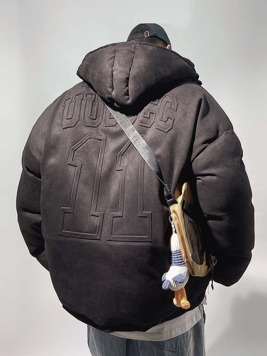 Streetwear Faux Suede Hooded Brown Puffer Jacket