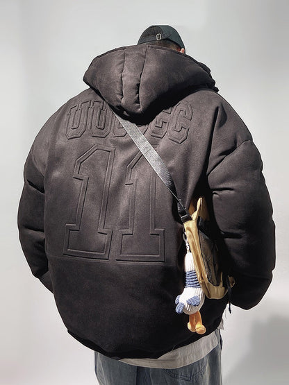 Streetwear Faux Suede Hooded Brown Puffer Jacket