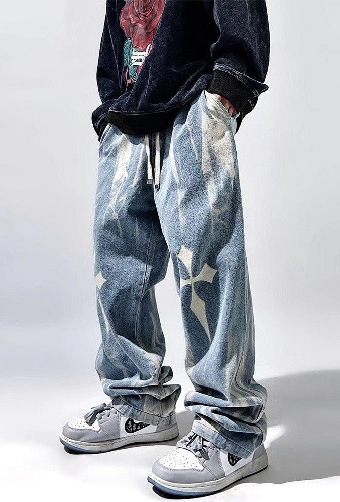 Streetwear Grunge Crosses Baggy Distressed Jeans