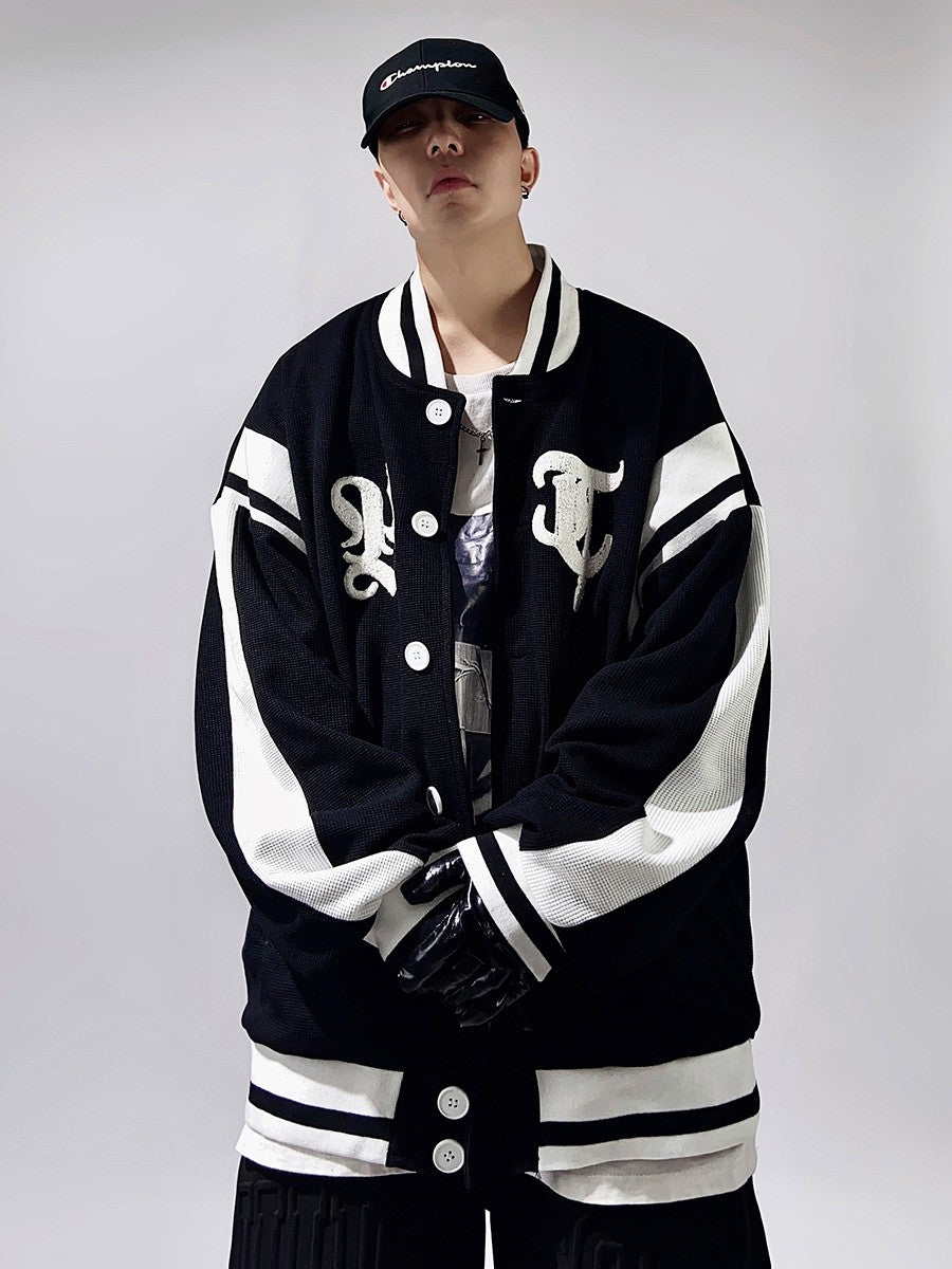 Streetwear Hip Hop Bolt Waffle Knit Varsity Jacket