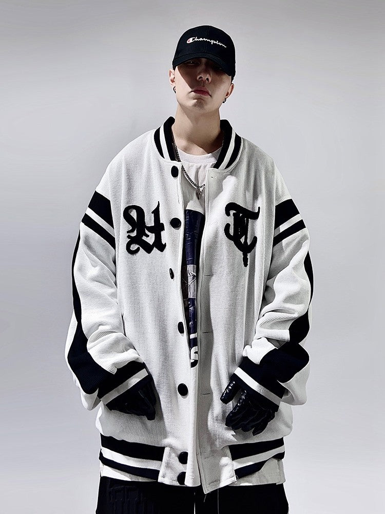 Streetwear Hip Hop Bolt Waffle Knit Varsity Jacket