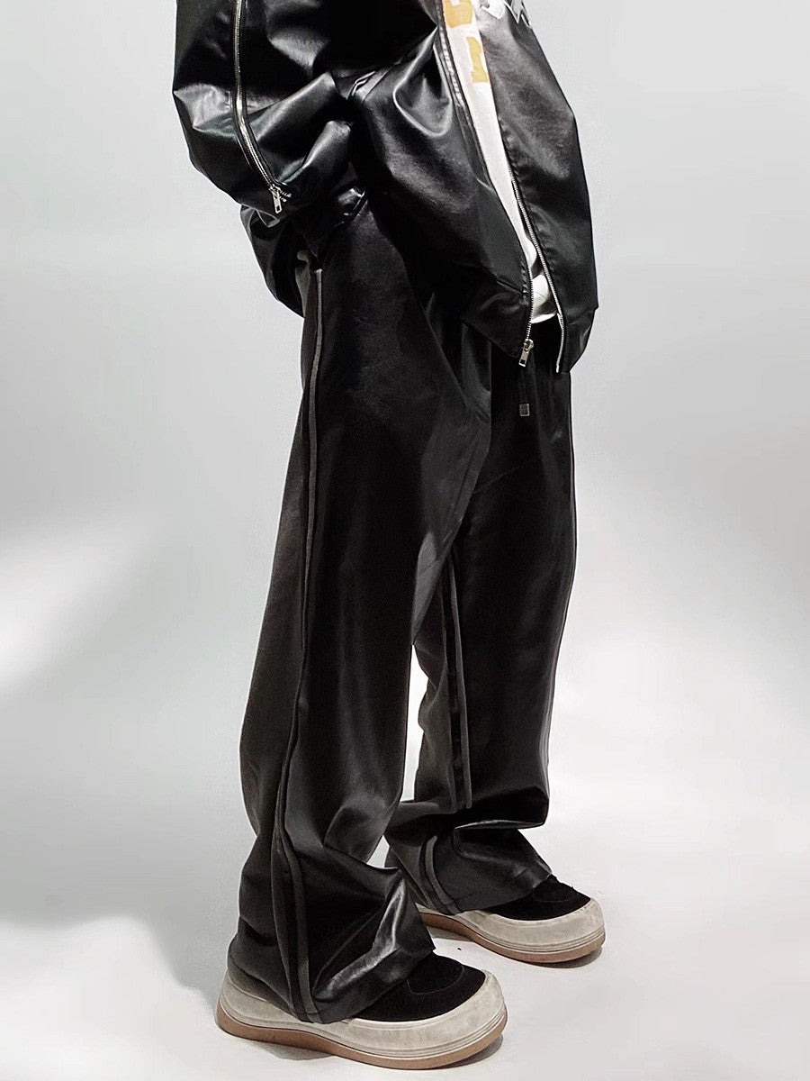 Streetwear Faux Leather Wide Leg Sweatpants
