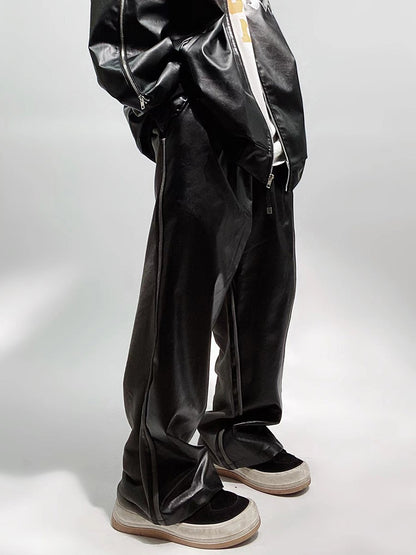 Streetwear Faux Leather Wide Leg Sweatpants