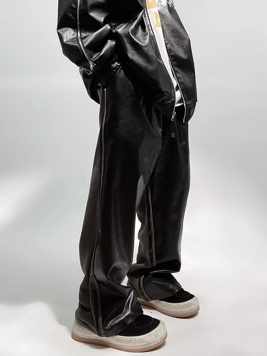 Streetwear Faux Leather Wide Leg Sweatpants