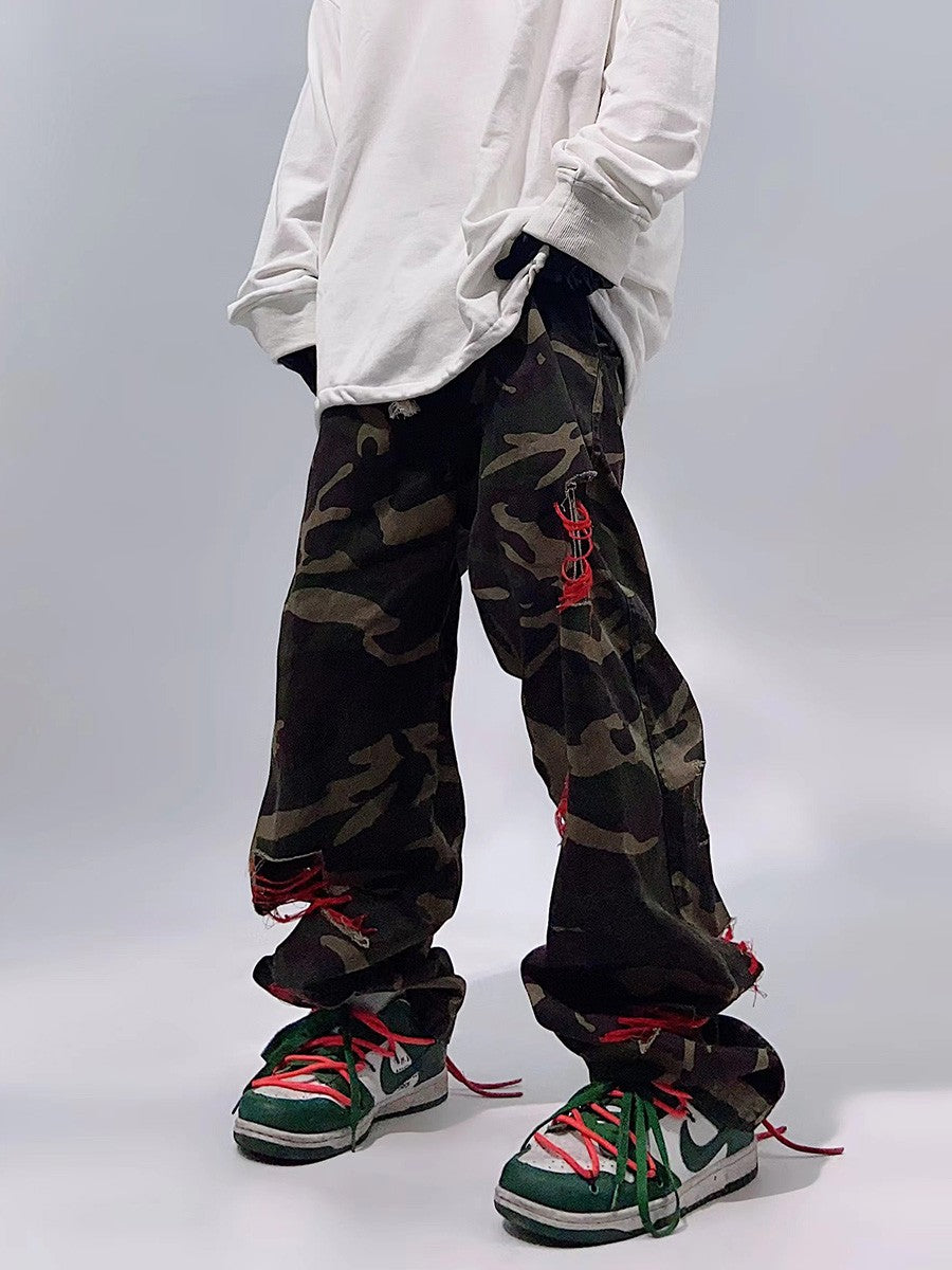 Ripped Camouflage Red Stitch Pants