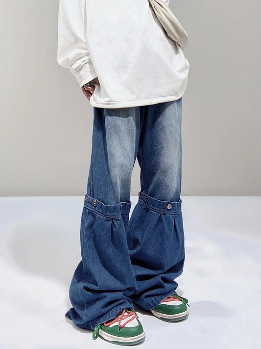 Faux Snap Wide Leg Baggy Jeans