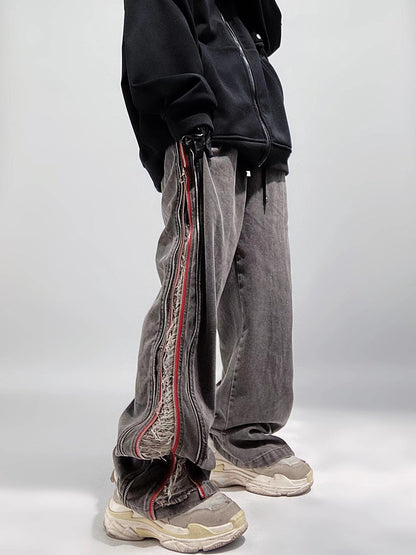 Side Slit Zipper Shredded Wide Leg Loose Fit Jeans