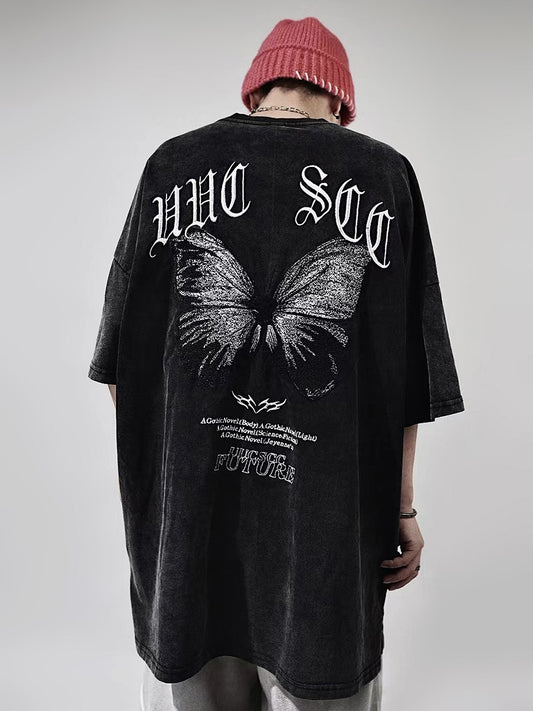 y2k Streetwear Butterfly Embroidered Vintage Washed T-Shirt
