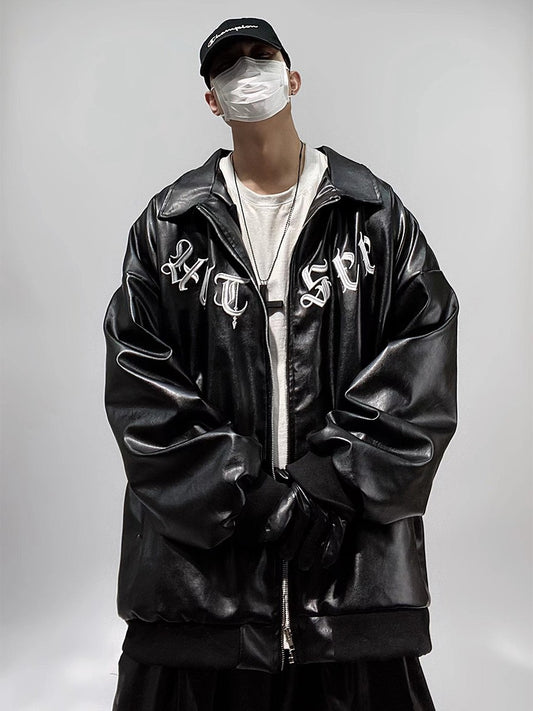 Streetwear Cross Faux Leather Bomber Jacket