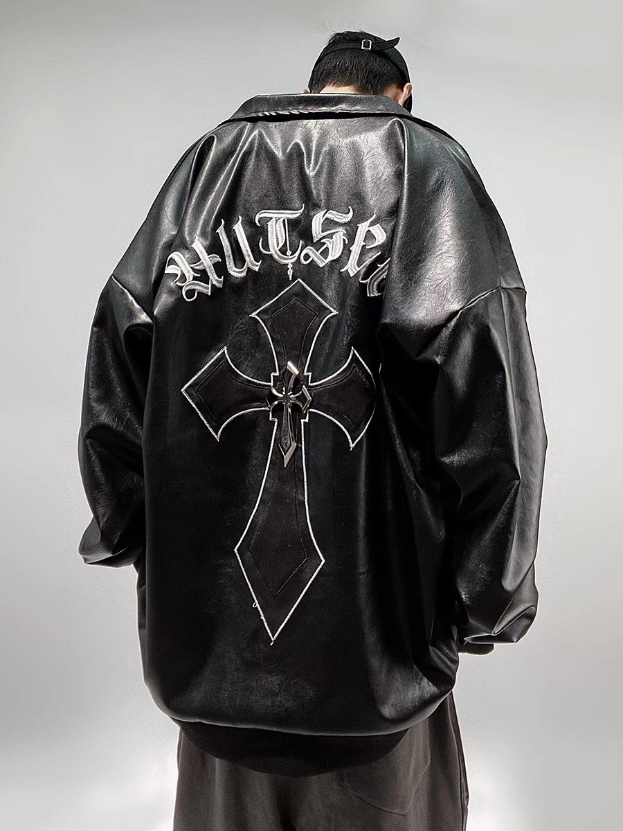 e-boy Streetwear Cross Faux Leather Bomber Jacket