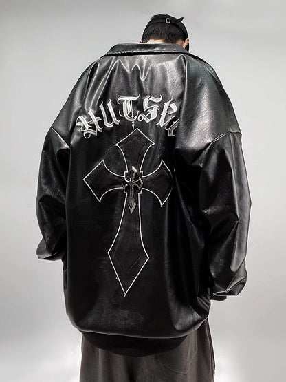 e-boy Streetwear Cross Faux Leather Bomber Jacket