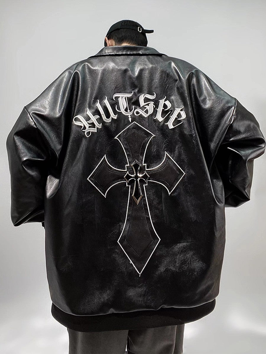 Goth Cross Faux Leather Bomber Jacket
