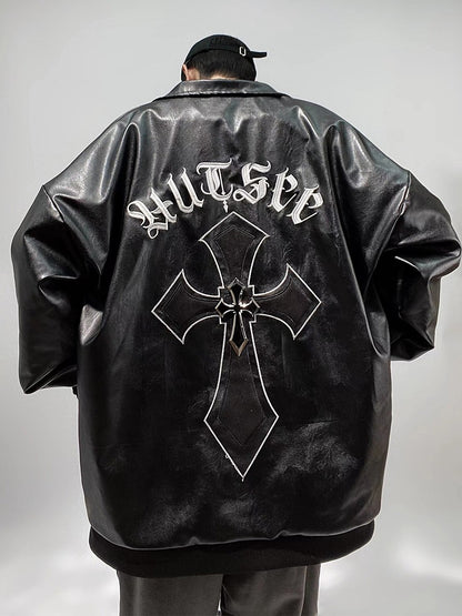 Goth Cross Faux Leather Bomber Jacket