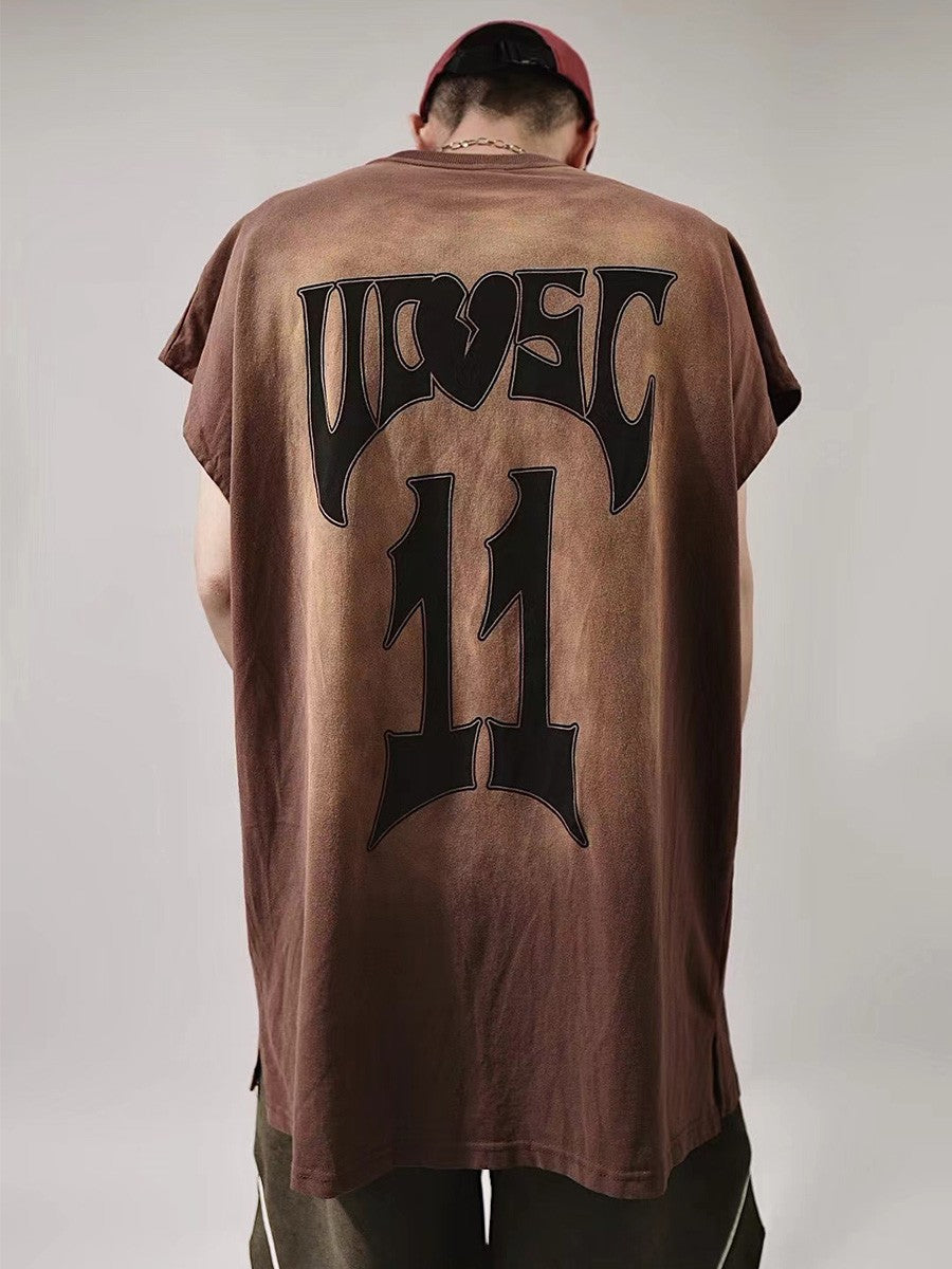 Streetwear 11 Oversized Distressed Brown Sleeveless T-Shirt