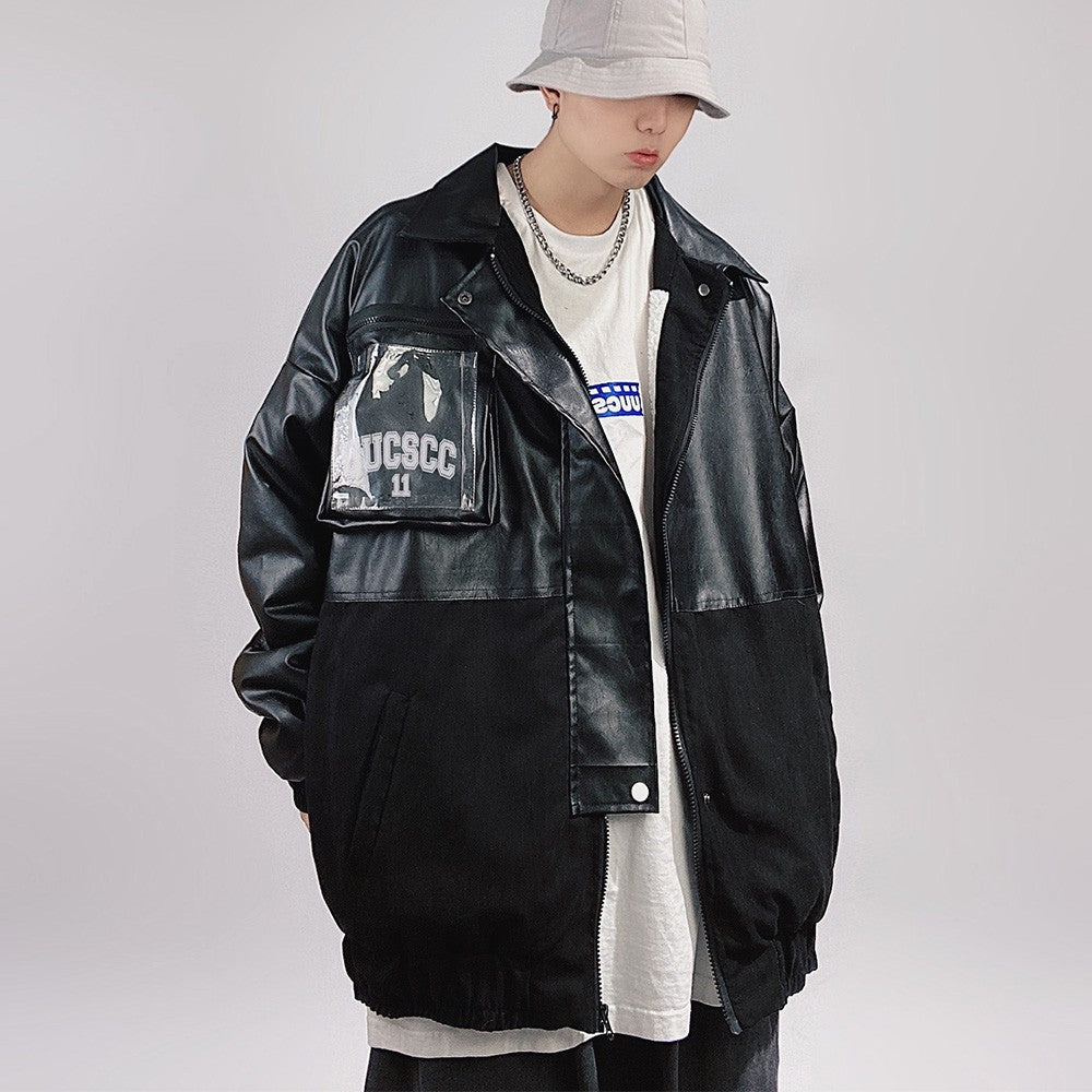 X3 Faux Leather Block Bomber Jacket