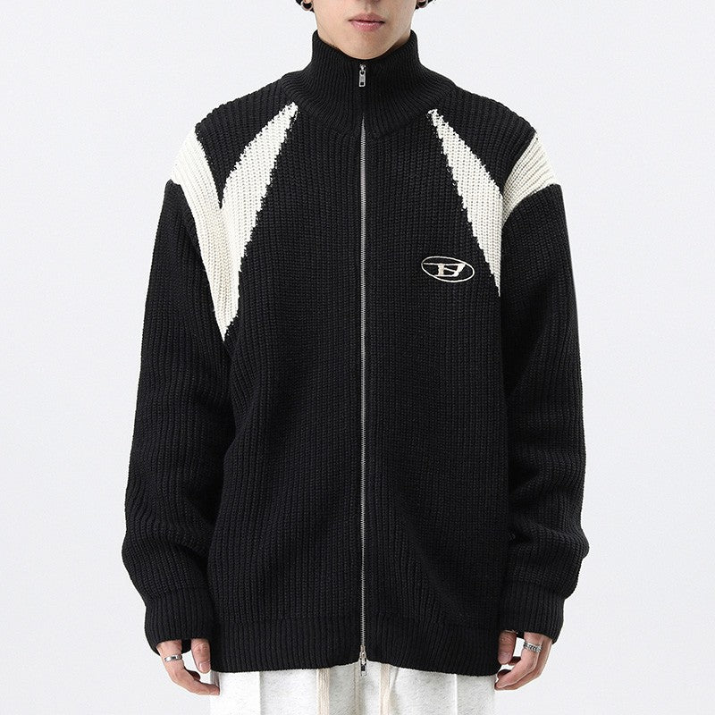 Streetwear Black Contrast Knit Zip Cardigan