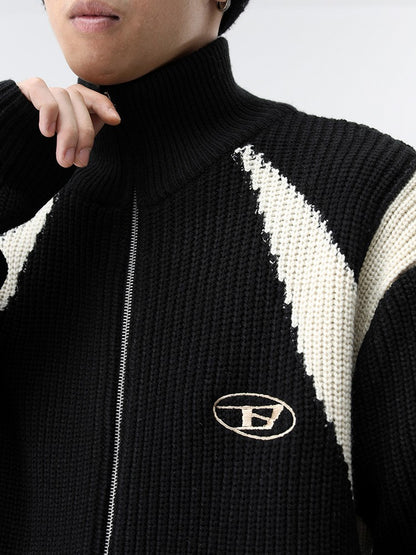 Contrast Knit Zip  Sweater Cardigan