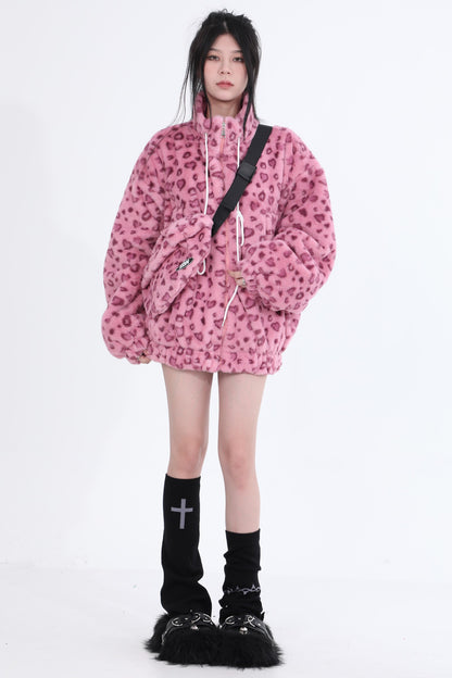 Pink Leopard Plush Fleece Jacket