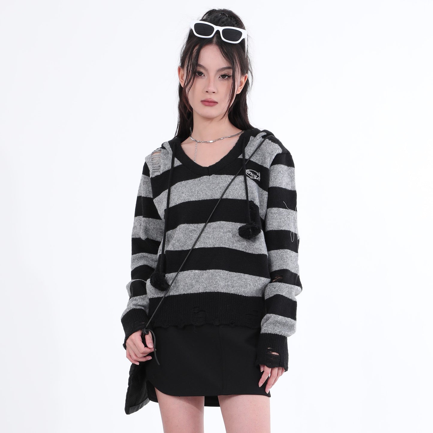 Destroyed Striped Knit Hoodie