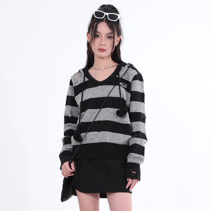 Destroyed Striped Knit Hoodie