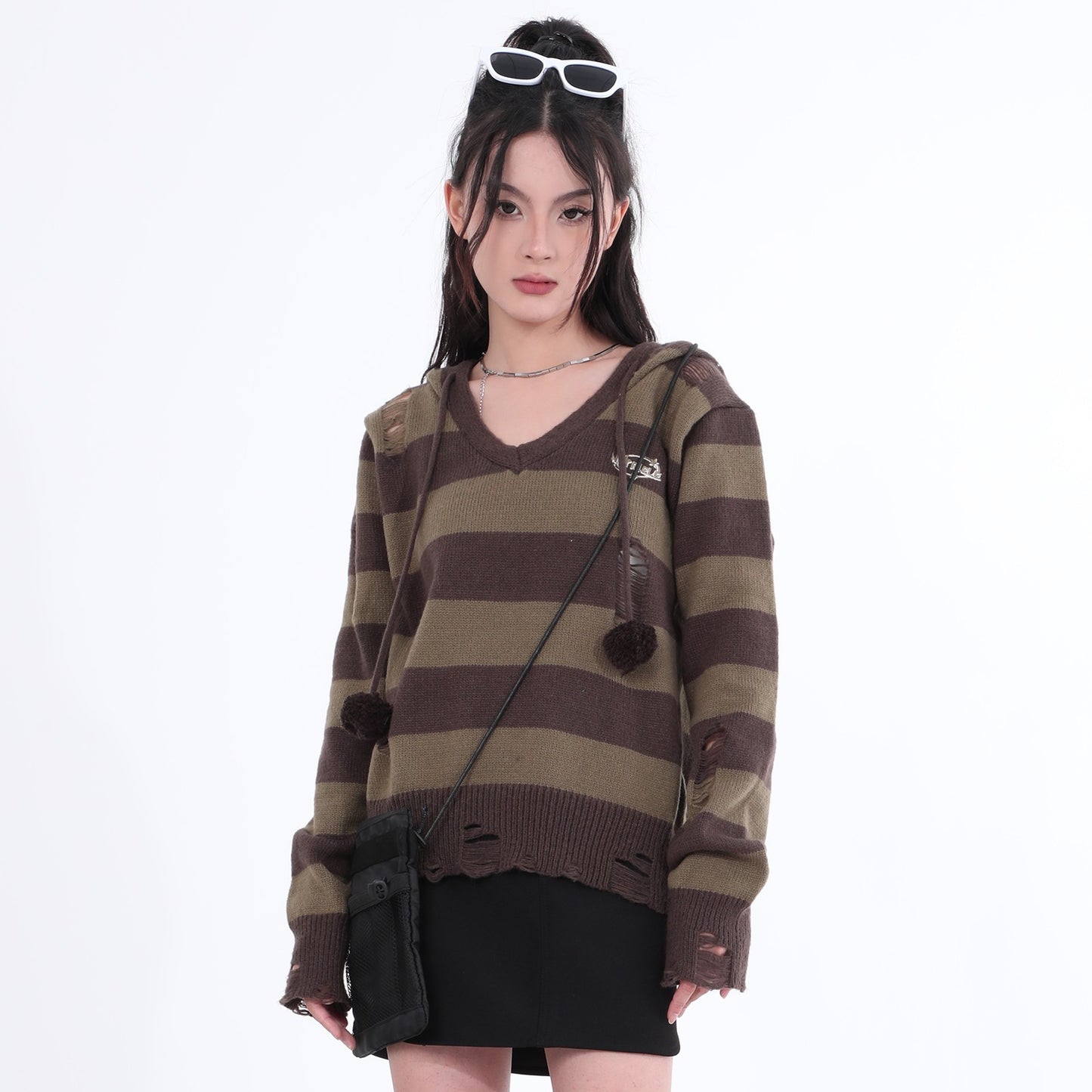 Destroyed Striped Knit Hoodie