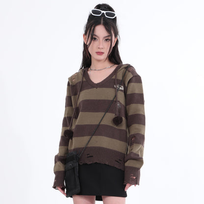 Destroyed Striped Knit Hoodie