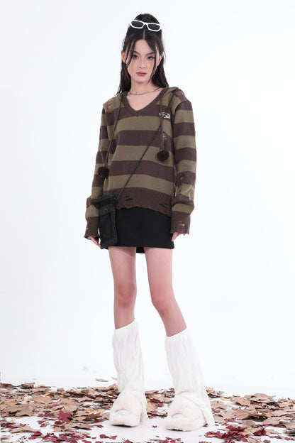 Destroyed Striped Knit Hoodie