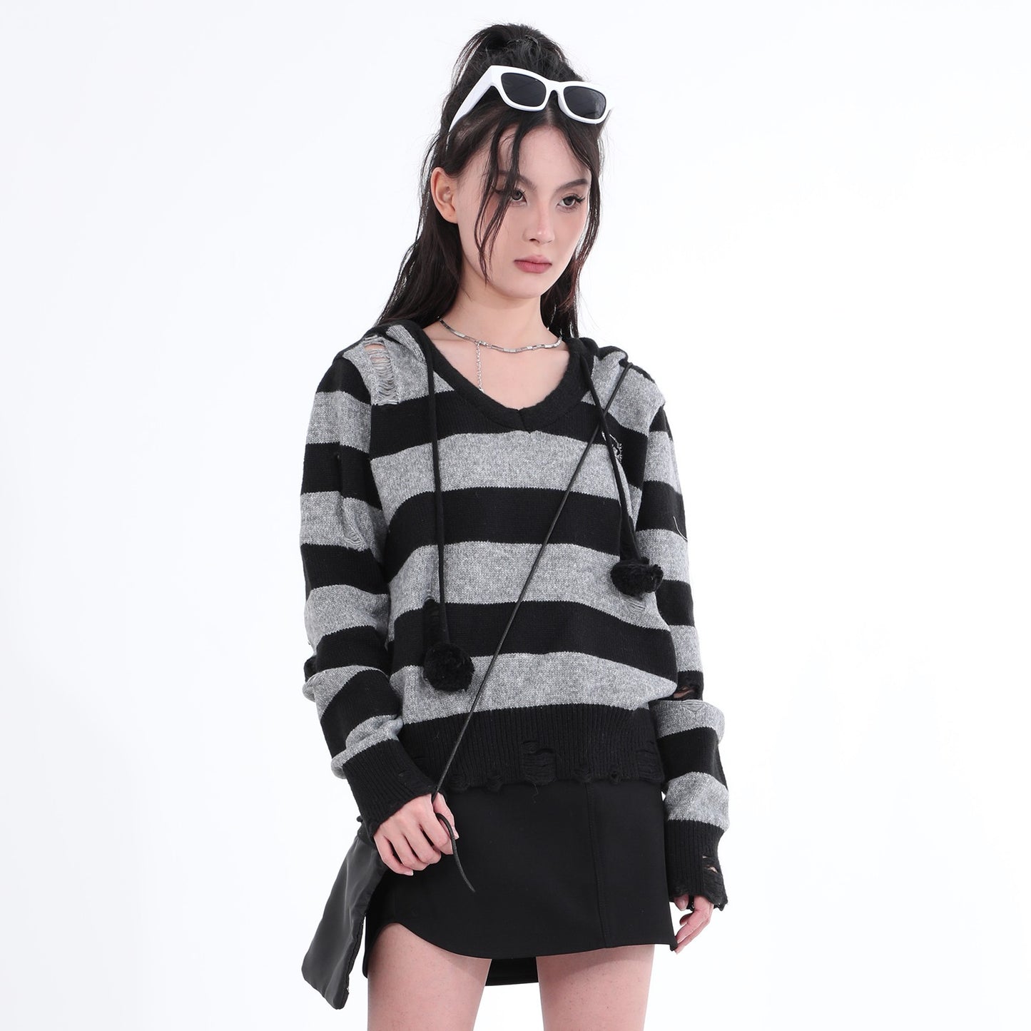 Destroyed Striped Knit Hoodie