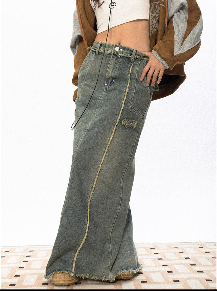 Raw Edge Maxi Denim Skirt
