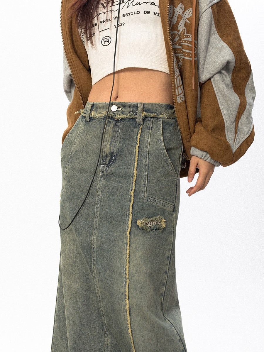 Raw Edge Maxi Denim Skirt
