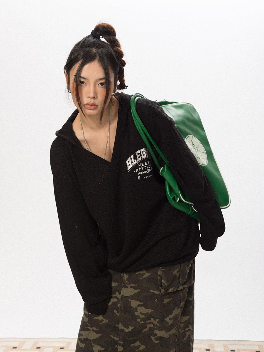 Waffle Knit V Neck Hoodie