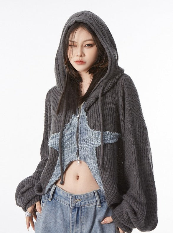 Star Cropped Knit Zip Hoodie