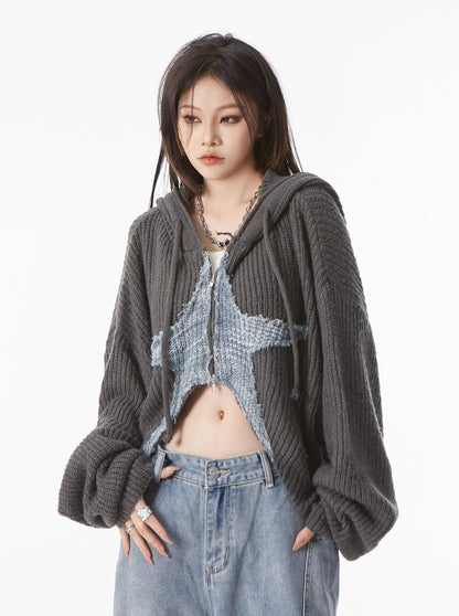 Star Cropped Knit Zip Hoodie