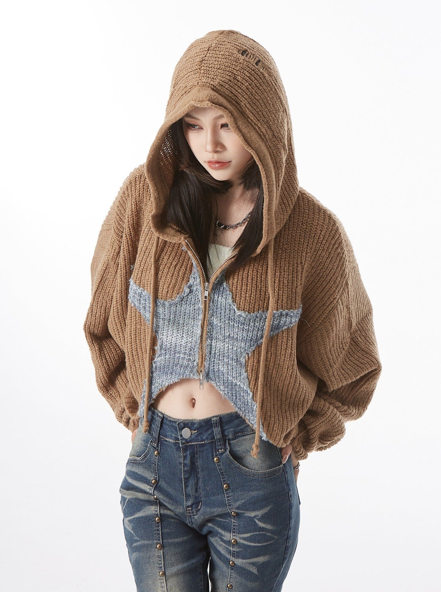 Star Cropped Knit Zip Hoodie