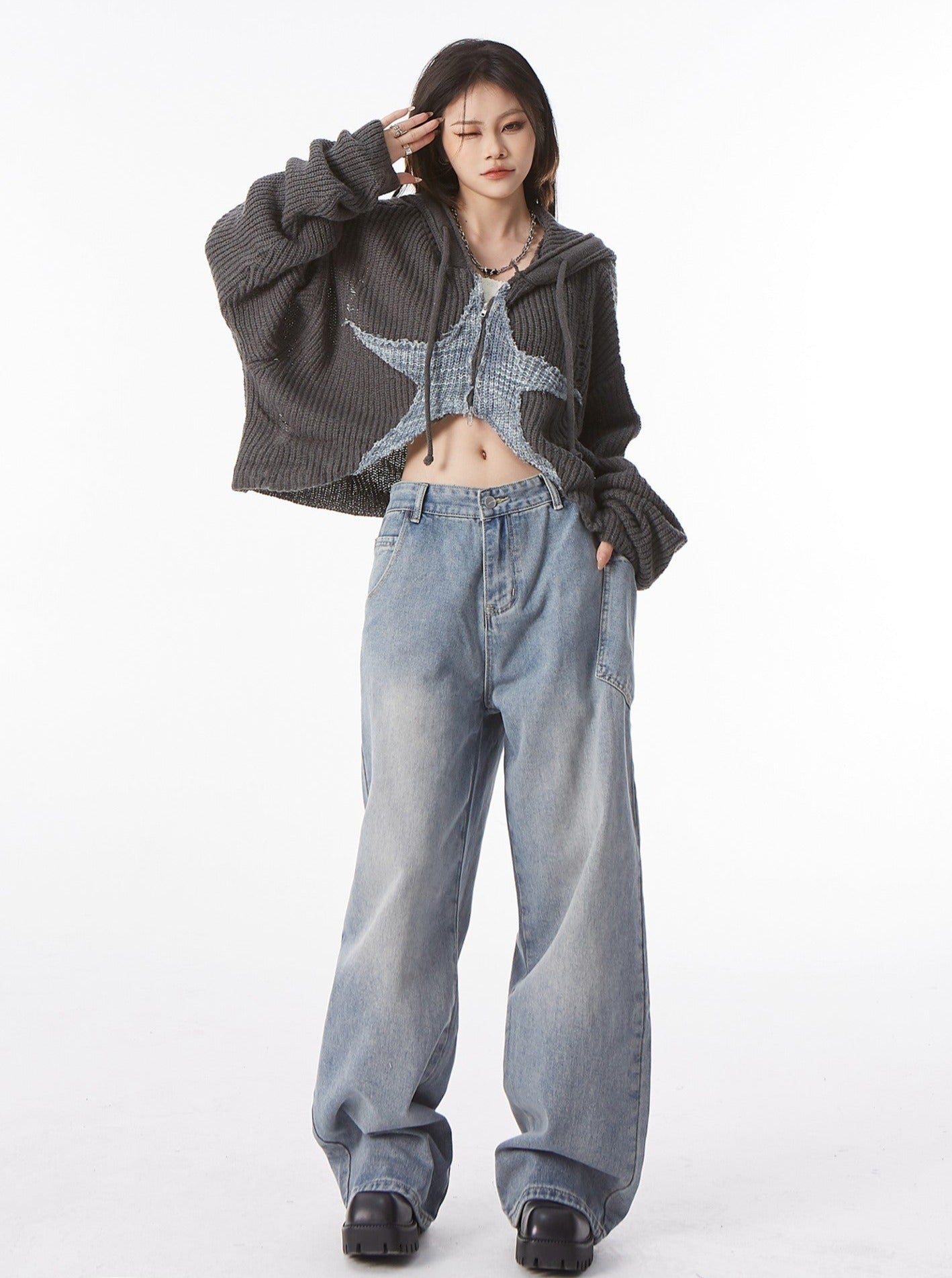 Star Cropped Knit Zip Hoodie