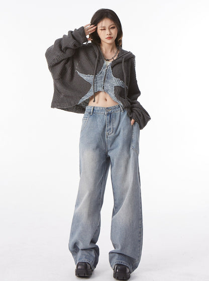 Star Cropped Knit Zip Hoodie