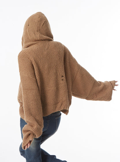 Star Cropped Knit Zip Hoodie