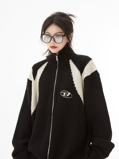 Contrast Knit Zip Sweater Cardigan
