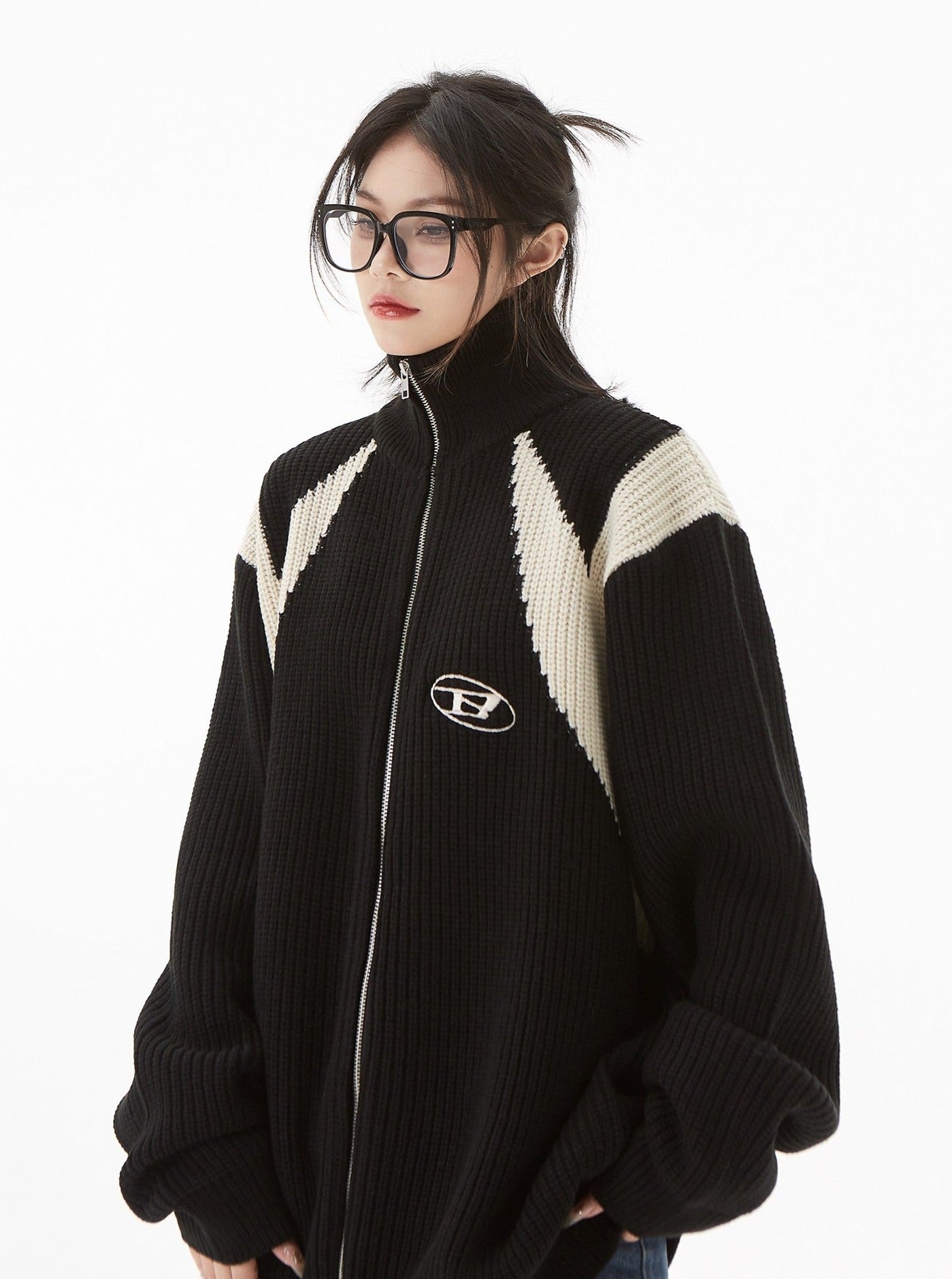 Contrast Knit Zip Sweater Cardigan