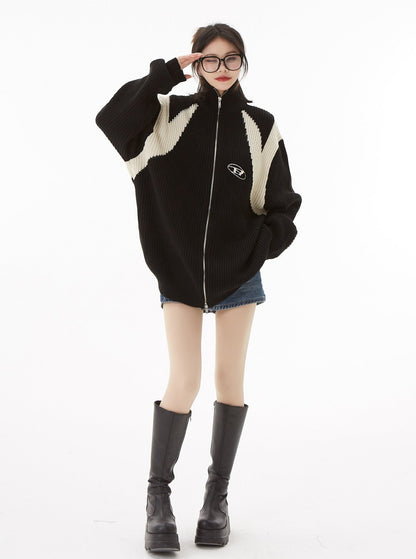 Contrast Knit Zip Sweater Cardigan