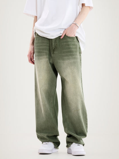 Deep Green Baggy Wide Leg Washed Jeans