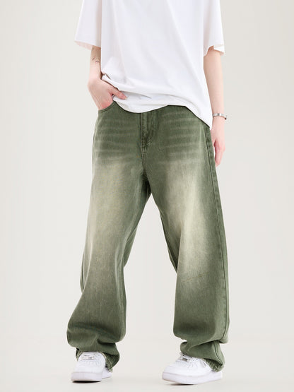 Deep Green Baggy Wide Leg Washed Jeans